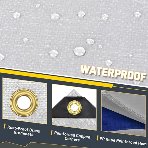 Kesfitt 12 Mil Heavy Duty Waterproof Tarp with Metal Grommets, 8x12 ft, Silver & Blue Reversible Poly Tarp for Outdoor Protection, Yard, Worksite, Pools, Vehicles, Equipment Coverage - size: 8x12 ft