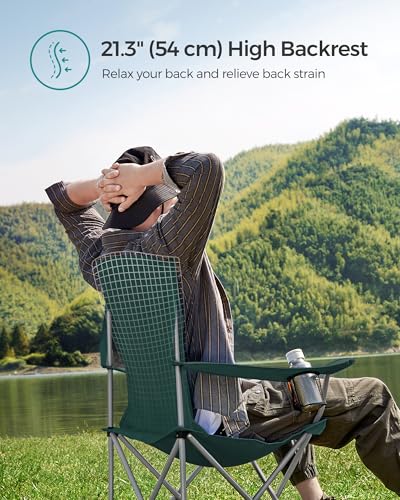 SONGMICS 2 Pack Folding Camping Chairs, Load 330 lb, Cup Holder and High Backrest, Heavy-Duty Structure, for Lawn, Garden, Fishing, Terrace, Dark Green UGCB08GN - color: Green, style: 2PC (21.3"D x 33.9"W x 38.2"H)
