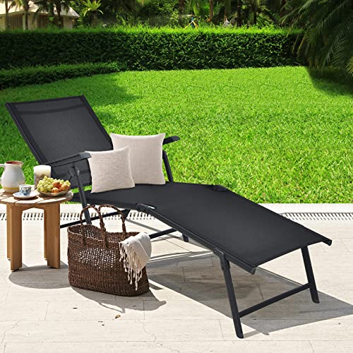 Tangkula Folding Lounge Chair Outdoor, Recliner Chaise Lounge with 5-Position Adjustable Backrest & 2-Position Footrest, No Assembly Required, Suitable for Patio Poolside Beach Yard (1, Black) - color: Black