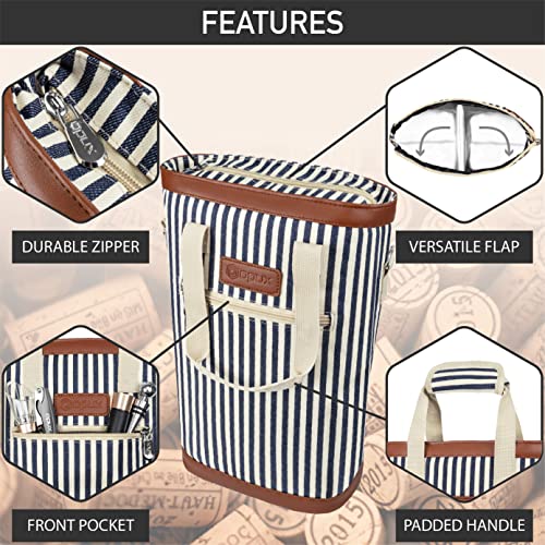 opux Two Bottle Wine Bag Carrier Tote, Insulated Leakproof 2 Bottle Wine Cooler Bag for Travel BYOB Picnic, Portable Wine Case, Gift for Men Women Wine Lover Birthday Party Christmas, Navy Stripes - color: Navy Stripes