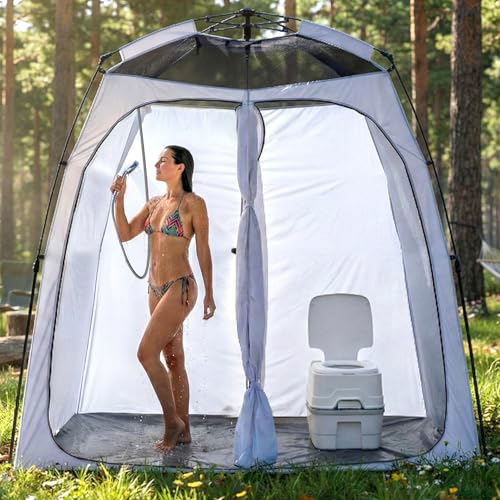 EighteenTek® Upgraded Pop Up Shower Tent, 2-Room Changing Tent Privacy Shelter with Floor & Dual Doors, Portable Camping Toilet & Bathroom Tents, 83" x 47" x 77.6"H - color: White, size: 83"L x 47"W x 78"H