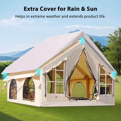 KNUO Inflatable Camping Tent, Large Blow-Up Air Tent, No Assembly Needed Luxury Glamping House, Oxford Fabric - color: Light Beige-Dual-layer Doors, size: 10x10ft