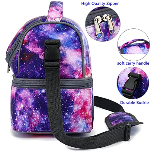 FlowFly Double Decker Cooler Insulated Lunch Bag Large Tote for Boys, Girls, Men, Women, With Adjustable Strap,Galaxy - color: Galaxy