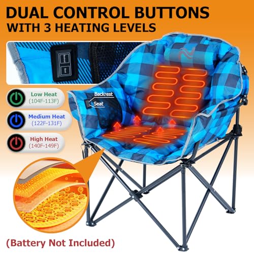 LILYPELLE Oversized Heated Camping Chair, Patio Lounge Chairs with 3 Heat Levels, Portable Folding Heated Chair Round Moon Saucer Folding Lawn Chair Outdoor Chair for Camping, Lounge Patio - color: Blue Grid, style: Heated Moon Chair