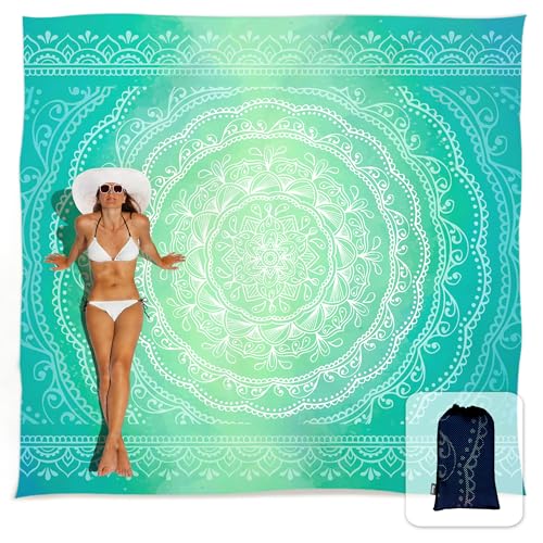 Sunlit Silky Soft Sand Proof Beach Blanket 106"x81" / 85"x72" Sand Proof Mat with Corner Pockets and Mesh Bag for Beach Party, Travel, Camping and Outdoor Music Festival, Mandala - color: Turquoise, size: 120"x108"