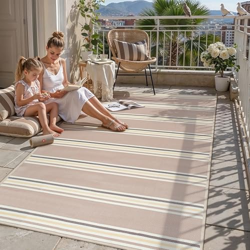 PureCozy Outdoor Waterproof 5x8 Rug for Patio Reversible Plastic Straw Beige Striped Camping Mat Outside Lightweight Large Floor Mat for RV Deck Beach Balcony Picnic Backyard Entry Porch - color: Stripe | Beige Cream, size: 5' x 8' (Rectangular)