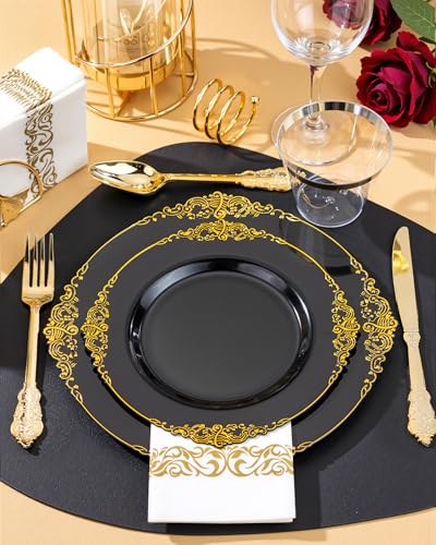 Nervure 350PCS Black Plastic Plates - Black Plastic Dinnerware Sets for 50 Guests - 100 Disposable Plates, 150 Gold Silverware, 50 Cups, 50 Napkins for Wedding & Party & Graduation & Retirement - color: Black