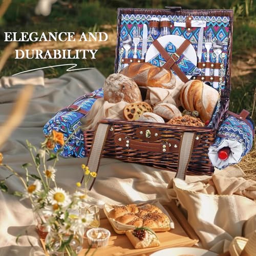Neti Neti Wicker Picnic Basket for 2 Boho with Insulated Cooler & Waterproof Blanket – Large Willow Picnic Hamper for Outdoor, Camping, Beach, Romantic Dates, Valentine’s Day - color: Boho 2