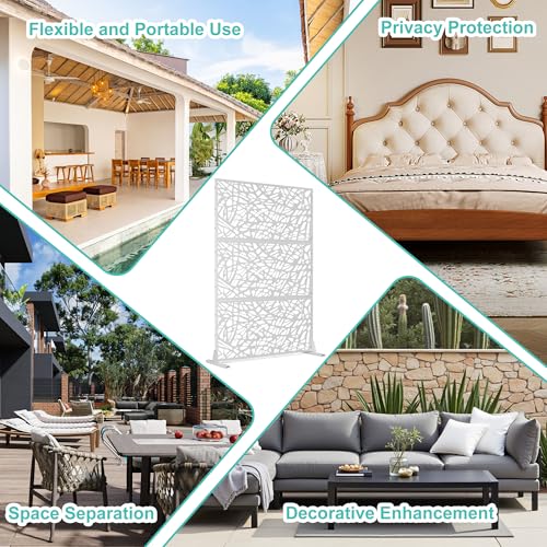Modern Metal Privacy Screen, Patio Outdoor Privacy Panels with Stand, Freestanding Outdoor Divider for Yard, Deck＆Garden(71.3"*47.3"*15.7") - color: White,Leaf Vein
