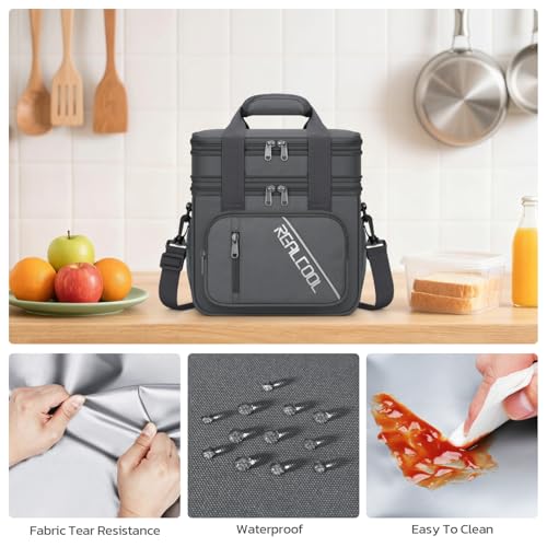RealCool Lunch Bag, Insulated Lunch Box for Men Women, Double Deck Leakproof Soft Cooler Bag with Adjustable Strap, Reusable Lunchbox for Work, Travel, Camping (Grey) - color: Gray