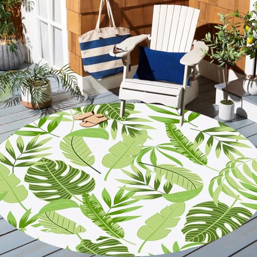 Mint Green Leaves Montera Palm Botanical Round Indoor Outdoor Area Rug for Balcony Deck Pario Porch Camping Tropical Rug 3' Waterproof Outside Carpet - color: I, size: 3ft