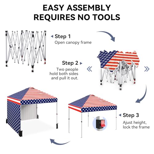 10 x 10 Pop Up Canopy, All Season Instant Canopy with 2 Sidewalls and Vented Roof, Portable Party Tent with Wheeled Carry Bag and Sandbag for Camping, Picnic, Party, Red, White and Blue - color: Flag, size: 2 Side Walls