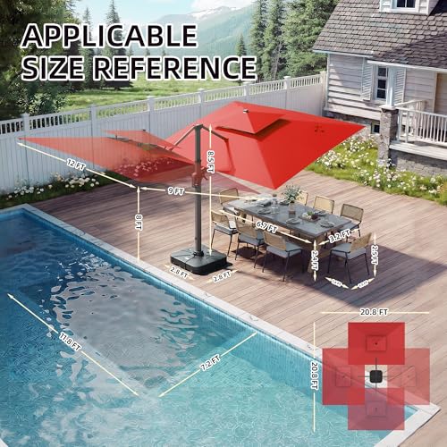 9 X 12 FT Cantilever Patio Umbrella with Led Lights and Base Included Heavy Duty Outdoor Double Top Large Rectangle Offset Umbrellas with 360-degree Rotation for Garden Pool Deck Backyard, Red - color: Red, size: 9' X 12'- Weighted Base Included(LED)