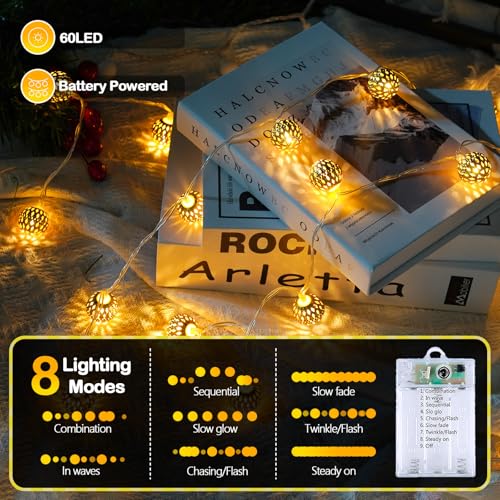 Moroccan String Lights Outdoor Battery Operated, 60 LED 36 FT Globe Fairy Lights with 8 Lighting Modes, String Lights with Timer for Bedroom Party Wedding Garden Classroom Indoor Decor(Warm White) - color: Warm White Moroccan, size: 1 Pack(60 LED Battery)
