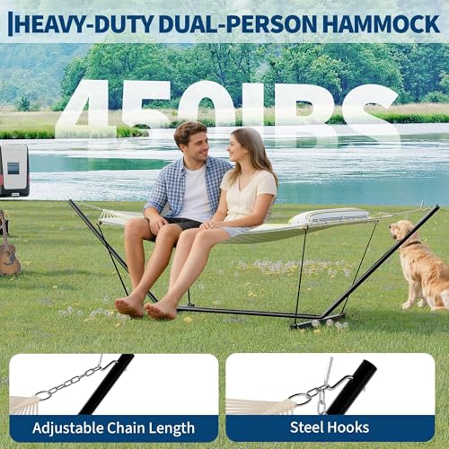 Garvee Double Hammock with Stand for Outdoor, Portable Hammock with Soft Pillow, Balance Ropes, for Patio, Garden, Backyard, Beach - color: Blue Green Stripes