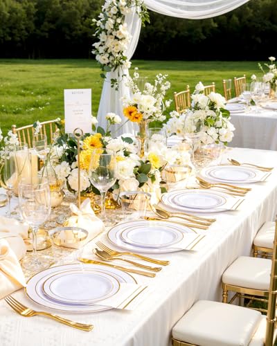 GATHER 350PCS Gold Plastic Plates - White and Gold Disposable Plastic Dinnerware Set Include 50 Dinner Plates, 50 Dessert Plate, 150 Silverware, 50 Napkins, 50 Cups for Party & Wedding - color: Gold, size: 50 Guests