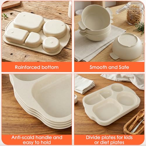 24 PCS Wheat Straw Dinnerware Set for Kids Divided Plates Bowls Cup Cutlery Sets, Reusable Tableware Set Microwave Dishwasher Safe for School Party, Camping, Home - color: Beige
