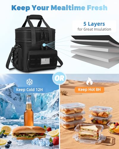 holuxer Tactical Lunch Bag & Lunch Box for Men - Large Double Deck Expandable Insulated Soft Adult Lunchbox for Work - Cooler Bag for Beach, Picnic, Camping,Outdoor，Travel (Black,16L) - color: Black, size: Large