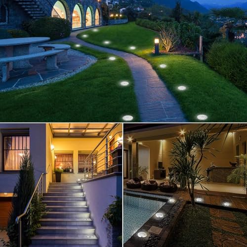 LYHOPE Solar Ground Lights Outdoor, 12 Pack 8 LED Solar Disk Lights Waterproof Garden In-ground Pathway Light Landscape Lighting for Lawn,Yard,Deck,Patio,Walkway (White) - color: White, size: 12 Pack
