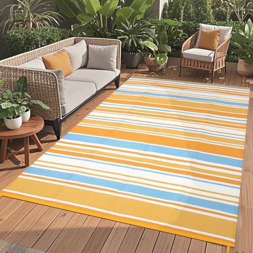 GarveeHome 9x18 Outdoor Rug Geometric Reversible Plastic Straw Outdoor Rugs Colorful Striped Outdoor Carpet UV Resistant Portable Large Rug for Camping Beach Porch RV Deck, Orange Yellow Blue White - color: Geometric Stripes| Orange Yellow Blue White, siz