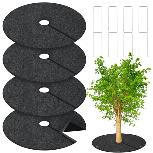 Tegeme 4 Pack 24.5 Inch Tree Ring with Self Adhesive and 8 Ground Pins, Degradable Protector Mat Reusable Non Woven Tree Mulch Ring Mat for Gardening Landscaping Weed Control Root Protection