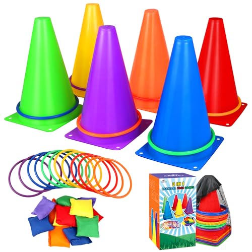 31 PCS Christmas Carnival Games, 3 in 1 Indoor Outdoor Bean Bag Ring Toss Games for Kids Birthday Party, Plastic Soft Cones Yard Lawn Game for Family Party Kid's Gift