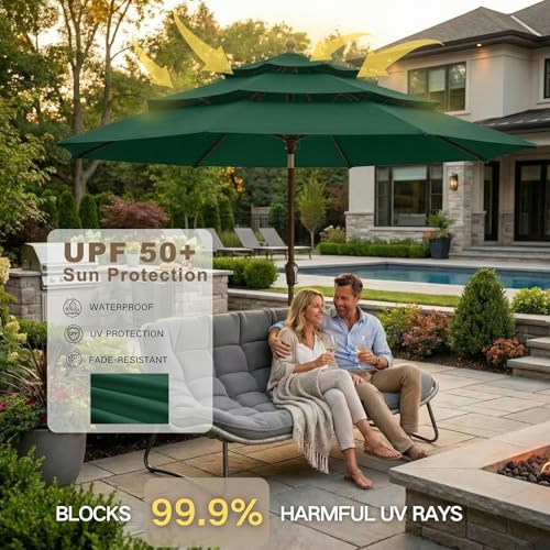 Kingdura 9ft 3-Tier Patio Umbrella, Outdoor Table Umbrella with Easy Crank & Tilt, 8 Reinforced Ribs, UV Protection for Deck, Pool, Market, Backyard (Dark green) - color: Dark green, size: 9 FT