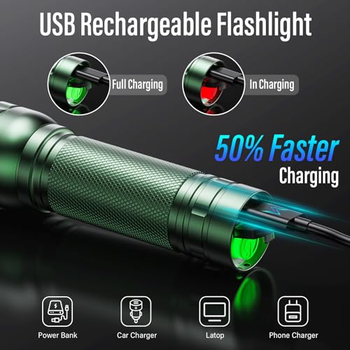 Rechargeable Flashlights High Lumens, G1000 Super Bright Flash Light 2 Pack, Small Zoomable LED Flashlight with 3 Lighting Modes, Portable Flashlight for Camping Essentials (Battery Included)-Green - color: Green, size: 2 Pack