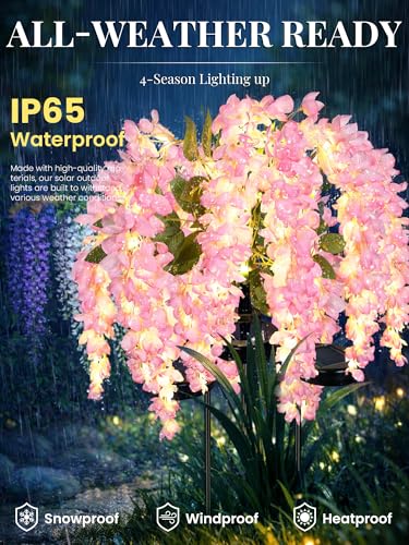 GIGALUMI Solar Lights Outdoor for Garden Decor, 3 Pack Solar Flower Lights Waterproof, 2 Lighting Modes Wisteria for Pathway,Yard, Patio Decoration, Gardening Gifts for Women (Pink) - color: Pink