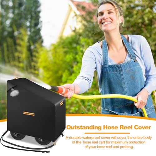 Hose Reel Cart Covers for Outside,Heavy Duty 420D Hosepipes Cover for Garden with Air Vent,Waterproof Strip,2 Reflective Strip Handles,Univeral Protective Hose Holder Cover,All Season Protection