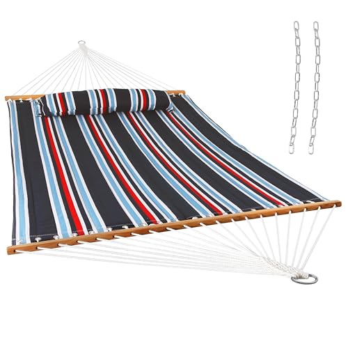 Sunnydaze Quilted Double Hammock for Outside with Spreader Bars and Pillow - 450 lb Capacity, 74x55 Inch Bed, UV Resistant, Quick Dry - Chains Included, Stand Sold Separately - Nautical Stripe - color: Nautical Stripe
