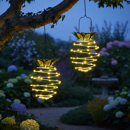 2 Pack Waterproof Solar Lanterns Outdoor, 60LED Hanging Lights with Pineapple Pattern, Solar Garden Lights Outdoor for Patio Yard Decor, Gift for Grandma Gardeners Women - color: Yellow-Pineapple