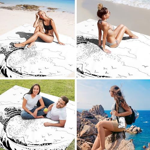 Beach Blanket, Large Sandproof & Waterproof Picnic Blankets, Quick Drying Sand Free Lightweight Beach Mat with 4 Stakes & Pockets for Outdoor Travel Camping Hiking Vacation Essentials - The Great Wave - color: Great Wave, size: 9x10 FT (1～8 person)