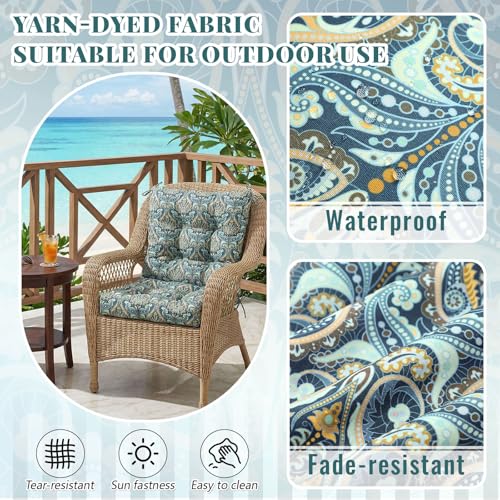 Marsui 4 Pcs Outdoor Indoor High Back Chair Cushions Patio Furniture Tufted Pillow with Ties Water-Resistant Replacement Outdoor Rocking Chair Cushions, 42 x 21 Inches (Blue,Paisley) - color: Blue, size: Paisley