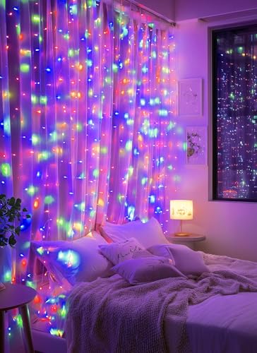 Brightown 300 LED Fairy Curtain Lights, Curtain String Lights, USB Plug in 8 Lighting Modes Christmas Decoration, Hanging Lights with Remote for Bedroom Indoor Weddings Dorm Multicolor 1 Pack - color: Multicolor, size: 1 Pack-300 LED