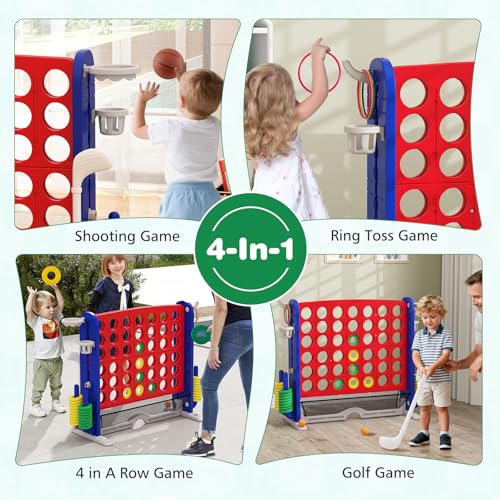 COSTWAY Giant 4 in A Row Connect Game Set, Height Adjust 4-to-Score Game with Mesh, Golf, Ring Toss Sets, Basketball & Cup Holders, Indoor Outdoor Yard Party Game for Kids Adults, Family (Red) - color: Red & Navy