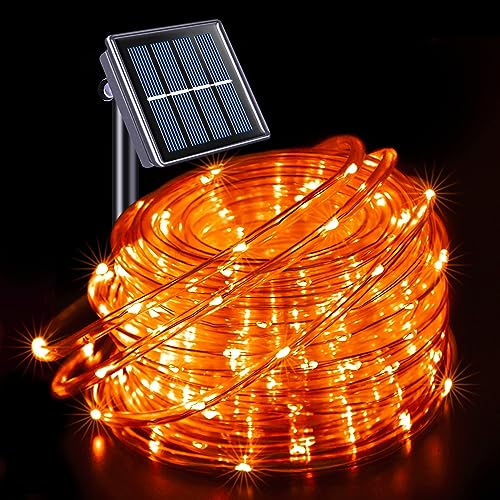 JMEXSUSS Orange Halloween Solar Lights, 66 ft 200 LED Rope Lights Outdoor Waterproof, PVC Tube Orange Christmas String Lights for Halloween Thanksgiving Fall Party Tree Fence Christmas - color: Orange, size: 200 LED