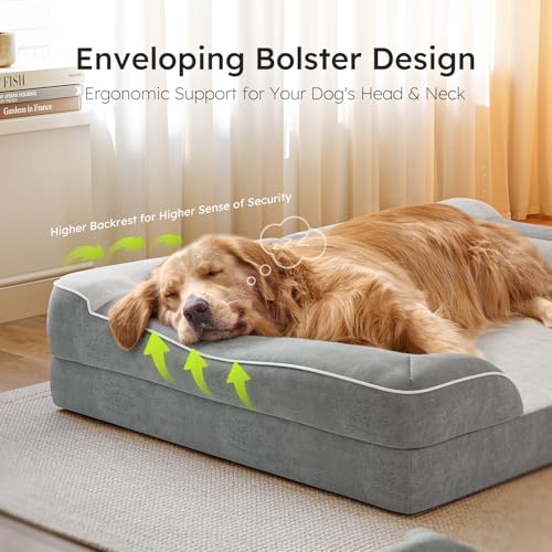 CWAWZ Jumbo Dog Beds for Extra Large Dogs, Orthopedic Dog Bed with Cooling Gel Memory Foam, Waterproof Pet Bed with Removable Washable Cover, 45" Pet Sofa Couch Velvet with Bone Toy, Light Gray - color: Light Grey, size: Jumbo(45"L x 35"W x 9.5"Th)