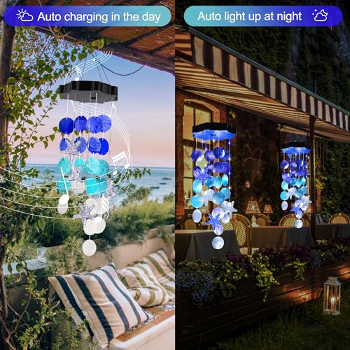 Solar Shell Gift for Mom Grandma Girls, White & Blue Christmas Solar Wind Chimes for Outside, Outdoor Decorative Mobile Lights for Garden, Yard, Patio, Window, Party, Outdoor Decorations - color: White & Blue