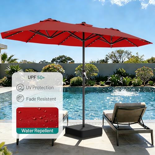 AreShark 13 FT Patio Umbrella with Solar Lights, Double-Sided Outdoor Table Umbrellas with Crank, Large Rectangular Market Umbrella for Porch, Lawn, Pool, Backyard, Red - color: Red, size: 6.5x13 Ft