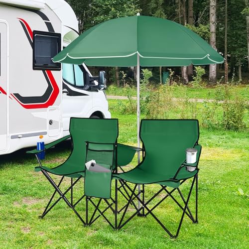 COSTWAY Double Portable Picnic Chairs, Folding Camping Chairs w/Detachable Umbrella, Cooler Bag, Cup Holders, Patio Beach Camping Chairs for Outdoors, Green - color: Green
