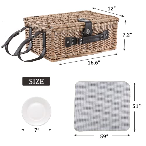 Picnic Basket for 4 Persons with Waterproof Picnic Blanket and Insulated Cooler, Large Wicker Picnic Basket for Camping, Outdoors, Valentine's Day, Christmas, Birthday, Wedding Gift - color: Brown＆white Spots