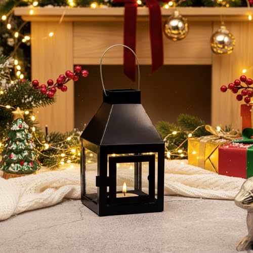 Rely+ Black Metal Lantern Candle Holder for Indoor & Outdoor Decor, Hanging Tealight Candle Holders for Wedding, Party, Decorations - Modern Home Decor, 5.5 Inch - color: Black