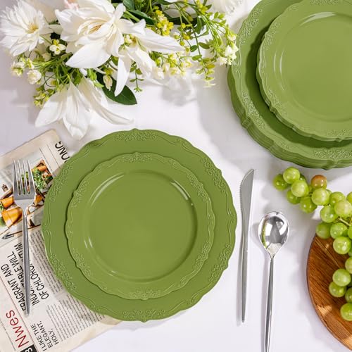 U-QE 100PCS Olive Green Plastic Plates - Plastic Green Plates Disposable Heavy Duty - Olive Disposable Plates for Party Including 50PCS 10'' Dinner & 50PCS 7.5'' Dessert Plate - color: Green
