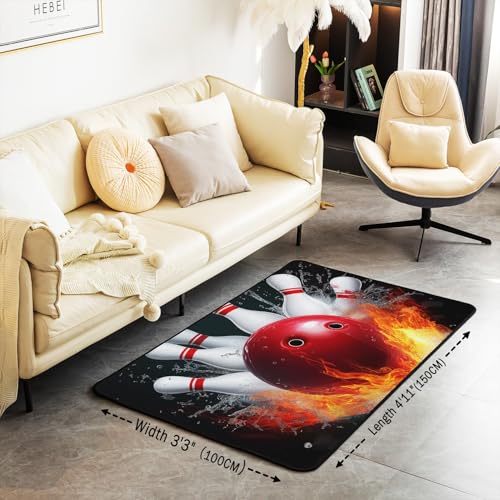 Erosebridal Bowling Party Area Rug for Kids Boys Girls,Bowling Ball Living Room Rugs 3x5,Water and Fire Frame Rug Bedroom Decor,Sports Ball Game Accent Rug Set Non Slip - color: Color 03, size: 4'11" x 3'3" (Rectangular)
