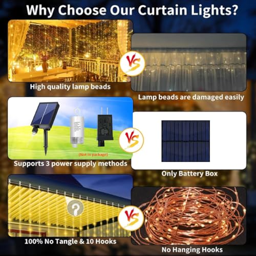 Solar Curtain Lights Outdoor Waterproof 10 * 10Ft 300LED Waterfall Light with 8 Modes Remote Rechargeable Dimmable Hanging Twinkle Fairy String Lights for Outside Christmas Gazebo Party Wedding - color: 300LED Warm White