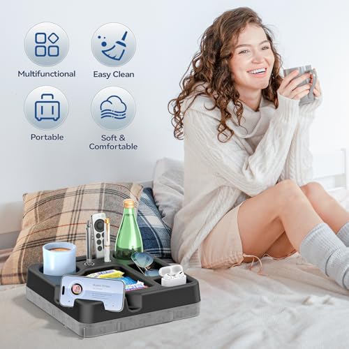 Couch Cup Holder Tray Couch Cup Holder Pillow Bed Tray Snack Sofa Bed Caddy Organizer Beach Sofa Drink Holder Anti-Spill Portable Snack Caddy Couch Remote Holder for Phone Pad Kindle Beverage Black - color: Black