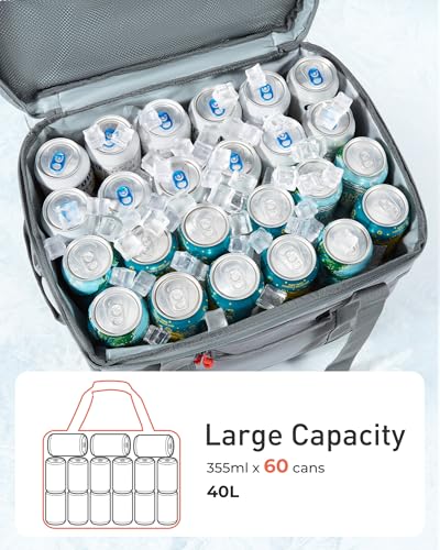 TOURIT Soft Sided Cooler Bag Insulated 30/48/60 Cans, Large Collapsible & Leakproof Ice Chest for Picnic, Beach, Camping, Travel - color: Grey, size: 60Can 40L