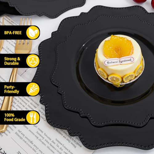COLOSUS 100pcs Black Plastic Plates - Heavy Duty Black Plastic Plates Disposable for Party/wedding/New Year Include 50pcs Dinner Plates and 50pcs Dessert Plates. - color: Black