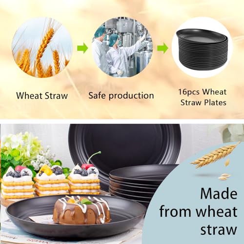 supernal 16pcs Black Wheat Straw Plates,10 inch Unbreakable Dinner Plates,Reusable Plastic Plates,Dishwasher & Microwave Safe,Lightweight Dinnerware Plat Set for Kitchen,Camping - color: Black